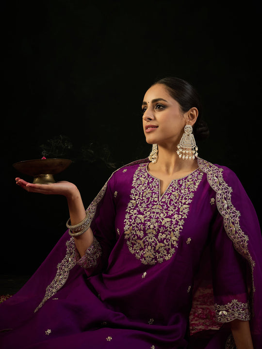 Indo Era Purple Embroidered Straight Kurta Trousers With Dupatta set