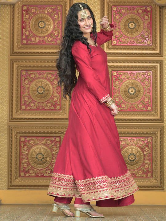 Red Embroidered Anarkali Kurta Trousers With Dupatta
