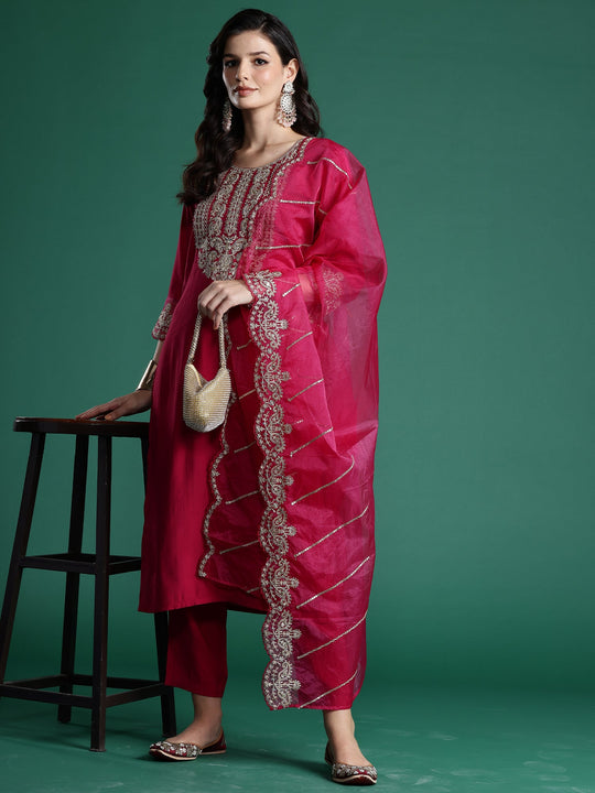 Indo Era Pink Embroidered Straight Kurta Trousers With Dupatta set