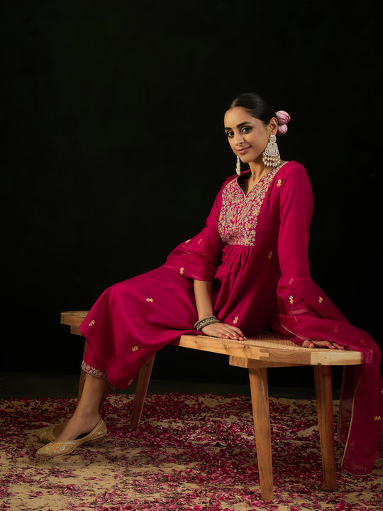 Indo Era Magenta Embroidered A-Line Kurta Trousers With Dupatta set