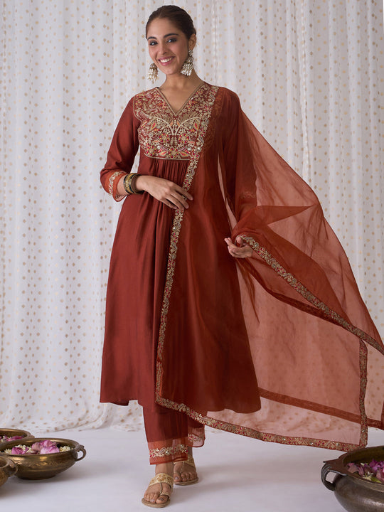 Indo Era Rust Embroidered A-Line Kurta Trousers With Dupatta set