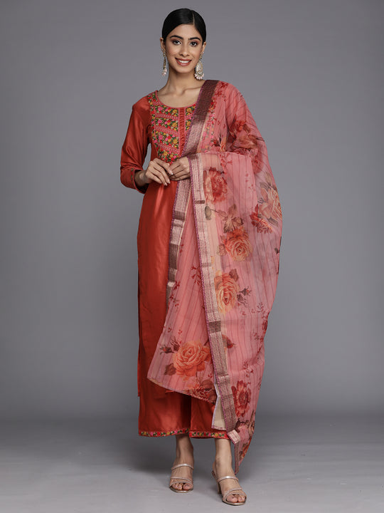 Indo Era Rust Embroidered Straight Kurta Palazzos With Dupatta Set