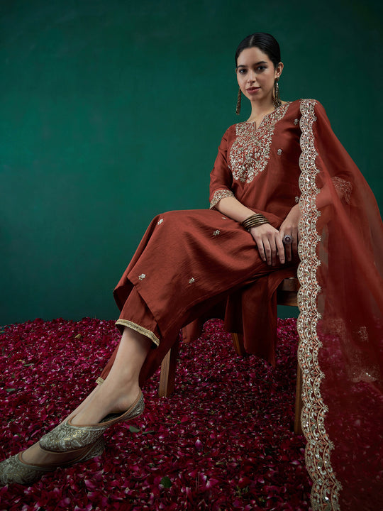Indo Era Rust Embroidered Straight Kurta Trousers With Dupatta set