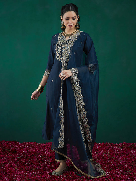 Indo Era Teal Embroidered Straight Kurta Trousers With Dupatta set
