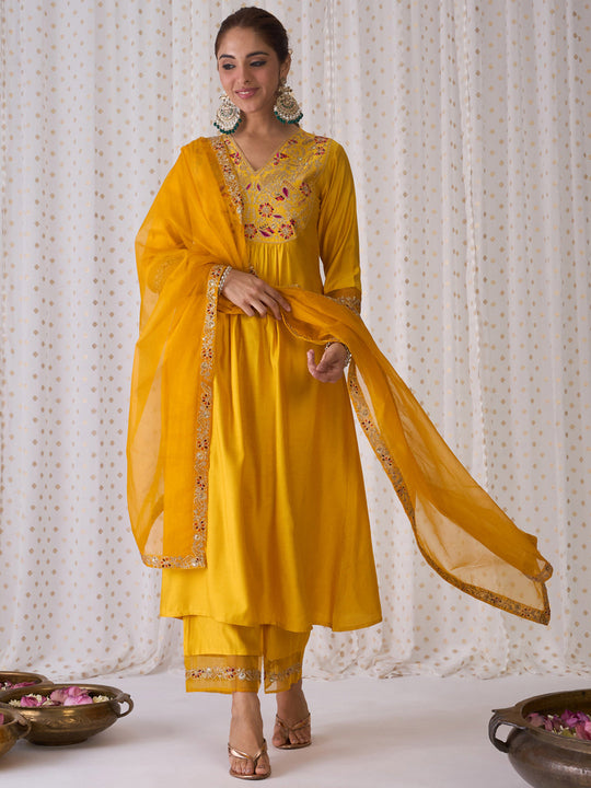 Indo Era Yellow Embroidered A-Line Kurta Trousers With Dupatta set
