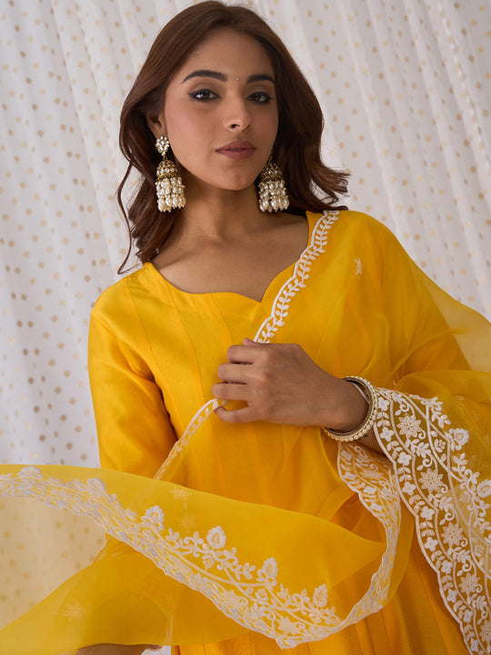 Indo Era Yellow Embroidered Anarkali Kurta Trousers With Dupatta Set