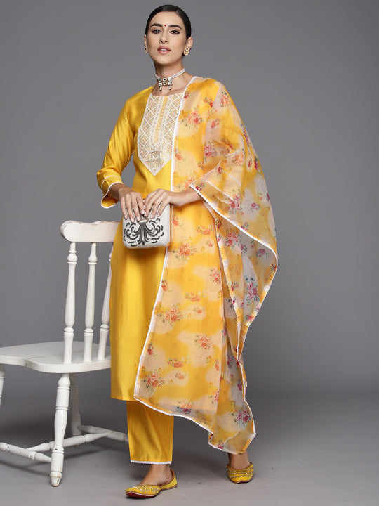 Yellow Embroidered Straight Kurta Pant With Dupatta Set