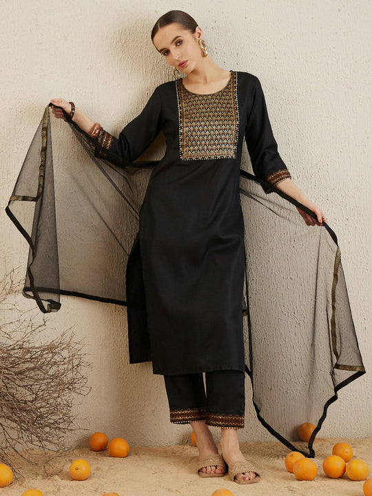 Indo Era Black Yoke Design Straight Kurta Trousers With Dupatta set