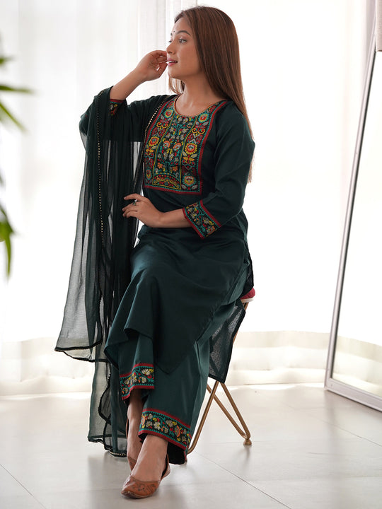Indo Era Green Yoke Design Straight Kurta Palazzos With Dupatta Set
