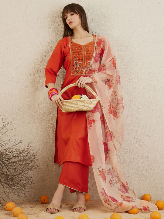 Indo Era Orange Yoke Design Straight Kurta Palazzos With Dupatta set
