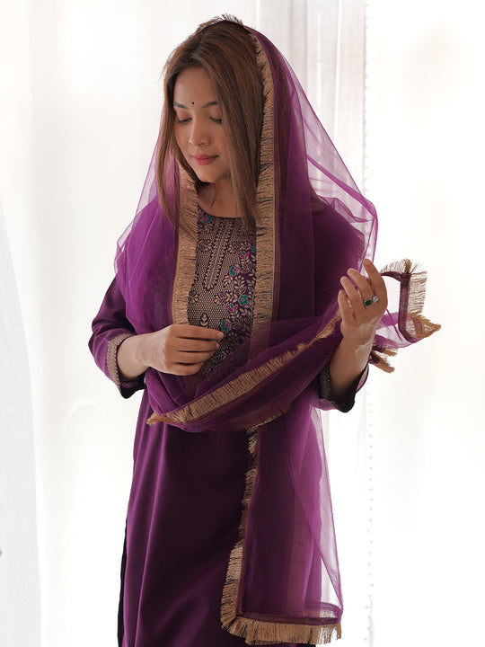 Indo Era Purple Yoke Design Straight Kurta Palazzos With Dupatta Set