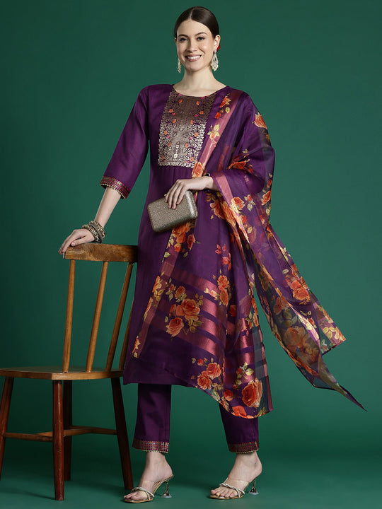 Indo Era Purple Yoke Design Straight Kurta Trousers With Dupatta set