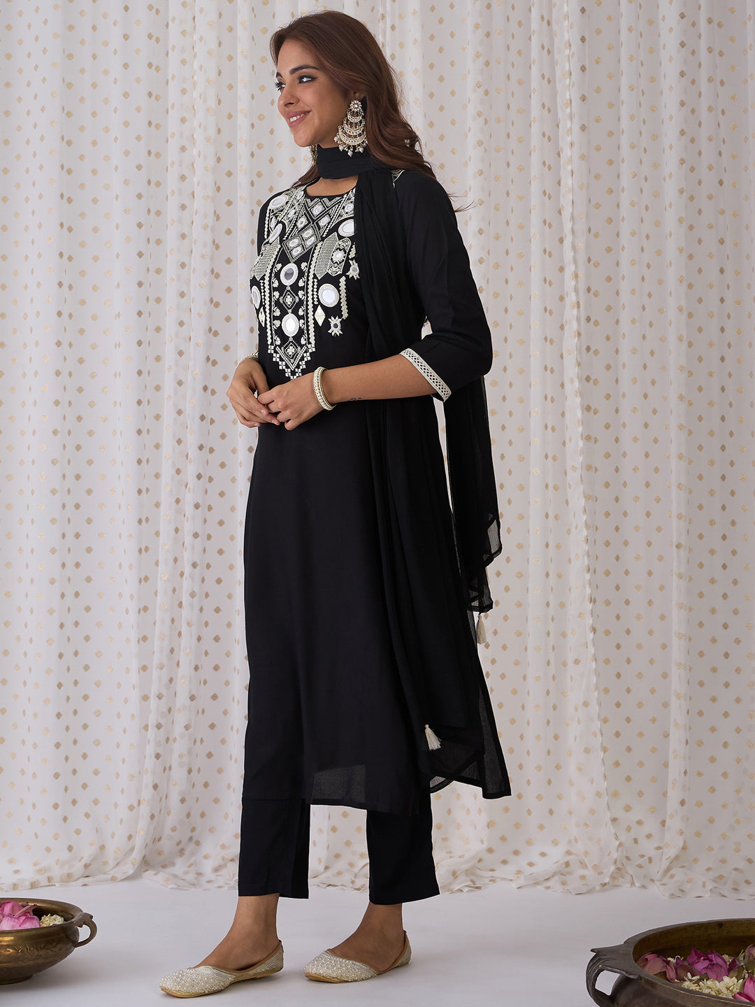 Black Kurta Sets  For women,indo era, indoera, kurta set for women, women kurta set, women suit, summer wear for women, festive suit for women, mother's day outfit, dress for mother, mother's day special, kurta set for women, kurta for women, kurta trouser and dupatta