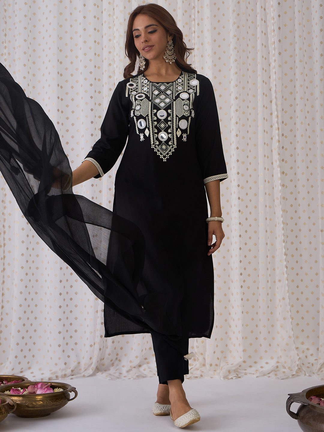 Black Kurta Sets  For women,indo era, indoera, kurta set for women, women kurta set, women suit, summer wear for women, festive suit for women, mother's day outfit, dress for mother, mother's day special, kurta set for women, kurta for women, kurta trouser and dupatta
