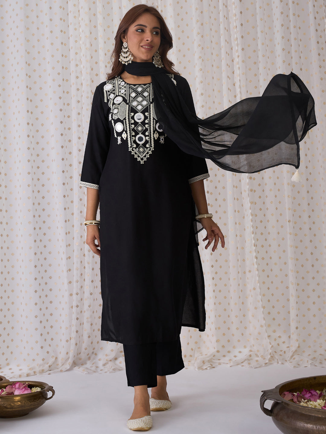 Black Kurta Sets  For women,indo era, indoera, kurta set for women, women kurta set, women suit, summer wear for women, festive suit for women, mother's day outfit, dress for mother, mother's day special, kurta set for women, kurta for women, kurta trouser and dupatta