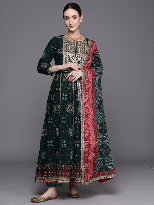 Indo Era Green Printed Anarkali Kurta Trousers With Dupatta Set
