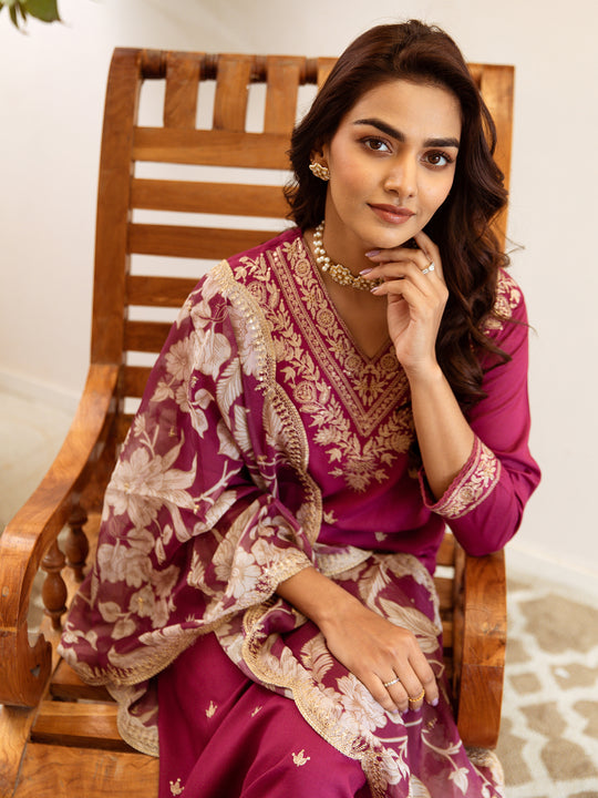 Indo Era Pink Embroidered Straight Kurta Salwar With Dupatta set