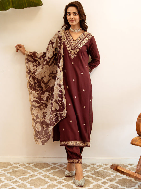 Indo Era Burgundy Embroidered Straight Kurta Salwar With Dupatta set