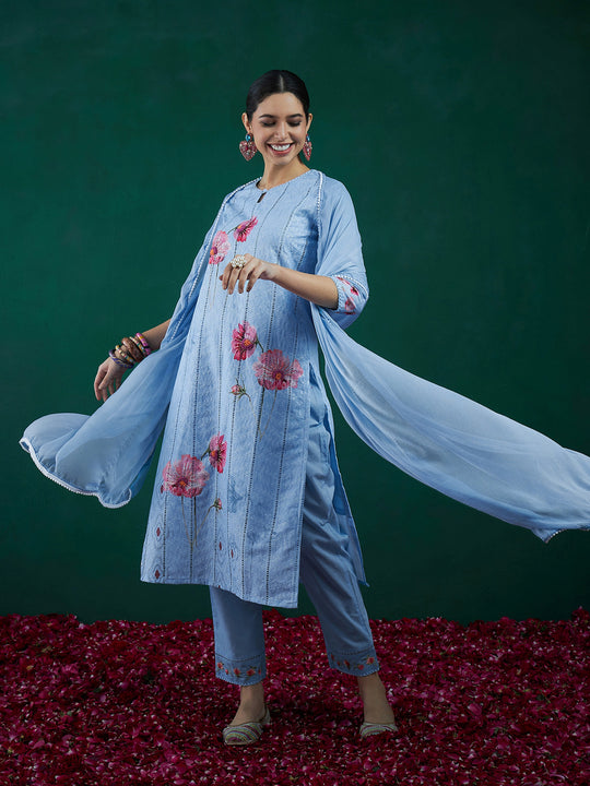 Indo Era Blue Printed Straight Kurta Trousers With Dupatta set