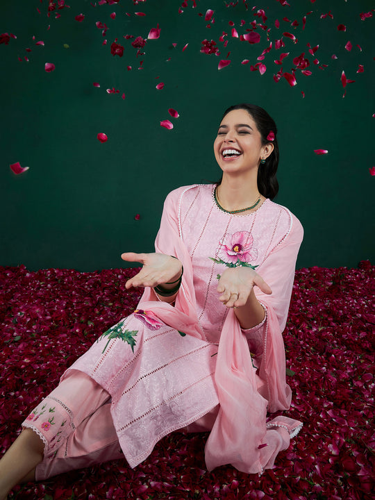 Indo Era Peach Printed Straight Kurta Trousers With Dupatta set