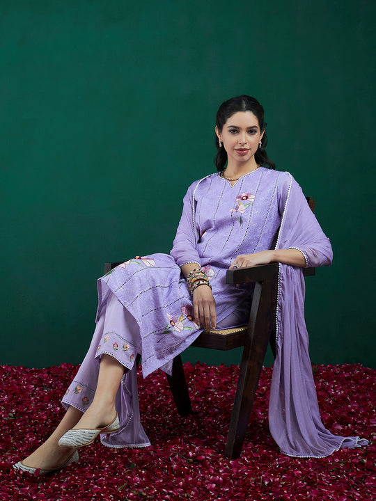 Indo Era Purple Printed Straight Kurta Trousers With Dupatta set