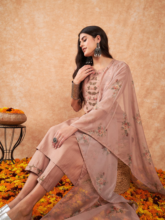 Indo Era Beige Floral Embroidered Regular Thread Work Kurta with Trousers & With Dupatta