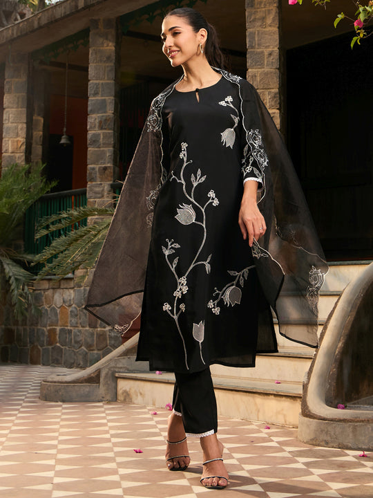 Indo Era Black Embroidered Straight Kurta Trousers With Dupatta set
