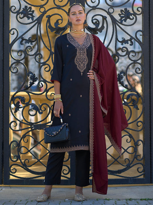 Indo Era Black Embroidered Straight Kurta Trousers With Dupatta set