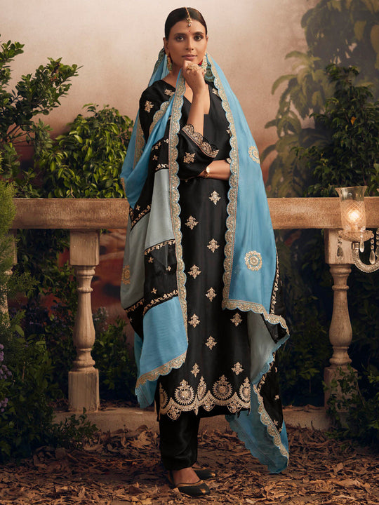 Indo Era Black Straight Embroidered Kurta Trousers With Dupatta Set