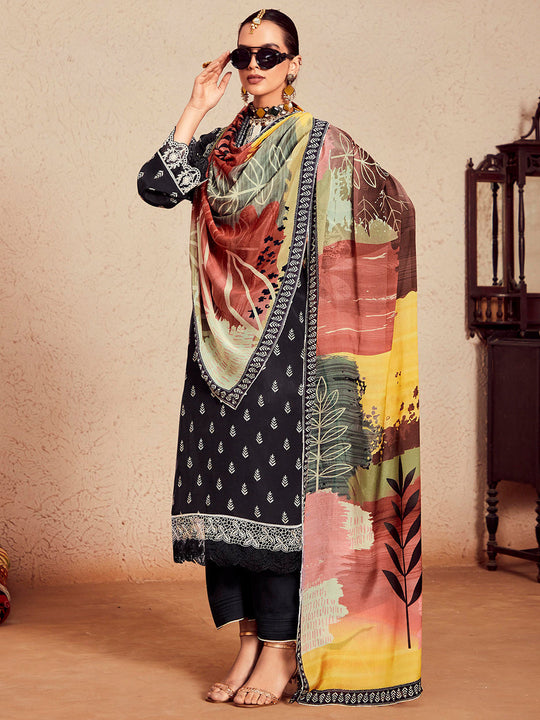 Indo Era Black Printed Straight Kurta Trousers With Dupatta  Set
