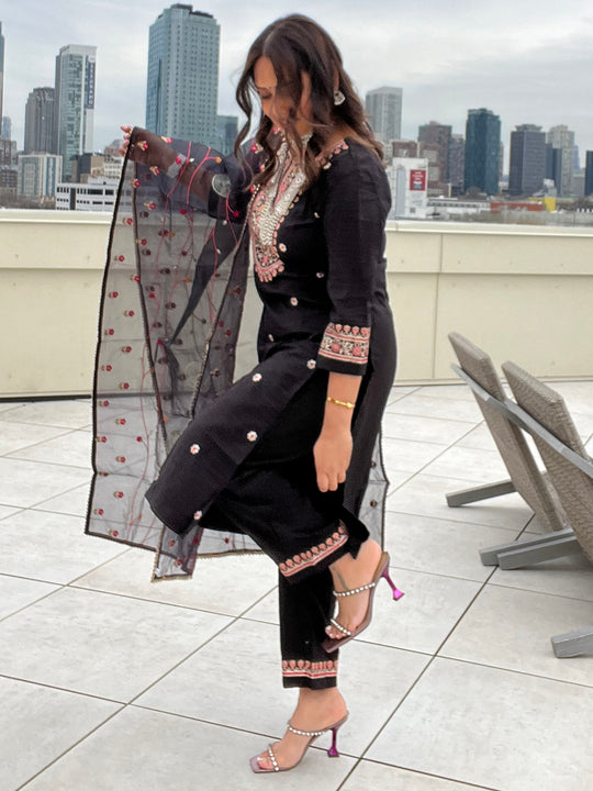 Indo Era Black Floral Embroidered Regular Sequinned Kurta with Trousers & Dupatta