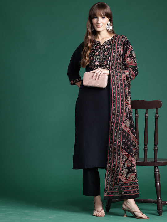Indo Era Black Embroidered Straight Kurta Trousers With Dupatta  Set