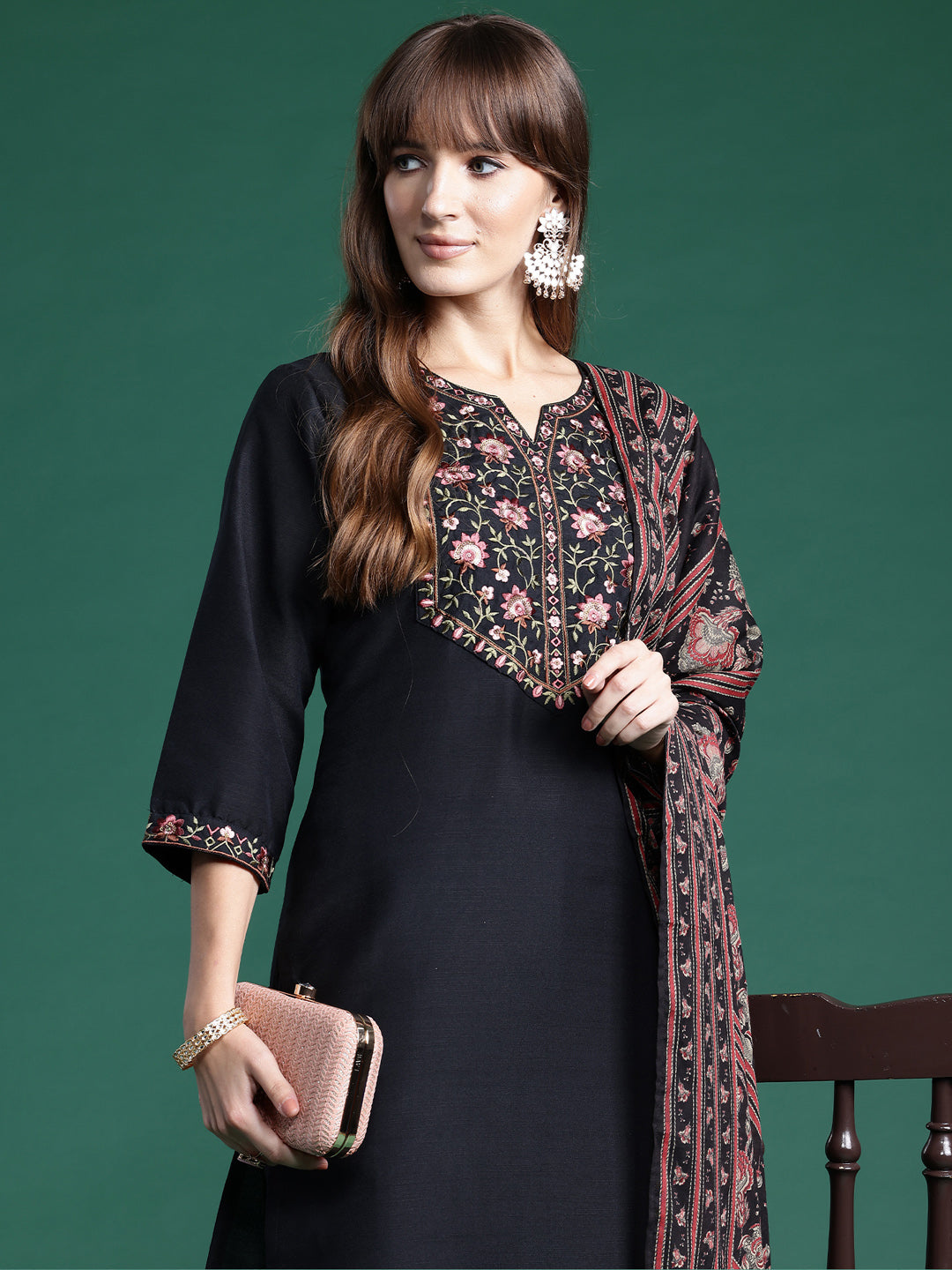 Black Kurta Sets  For women,indo era, indoera, kurta set for women, women kurta set, women suit, summer wear for women, festive suit for women, mother's day outfit, dress for mother, mother's day special, kurta set for women, kurta for women, kurta trouser and dupatta