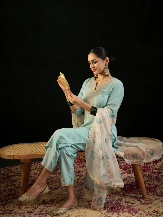 Indo Era Blue Embroidered Straight Kurta Trousers With Dupatta set