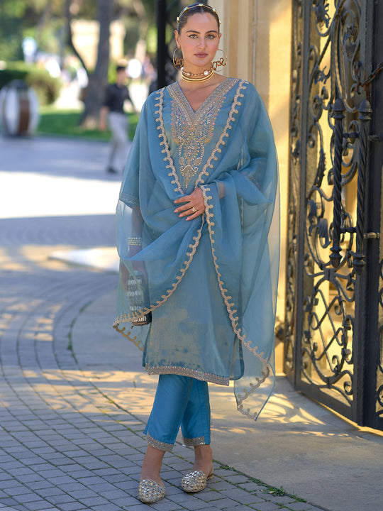 Blue Embroidered Straight Kurta Trousers With Dupatta