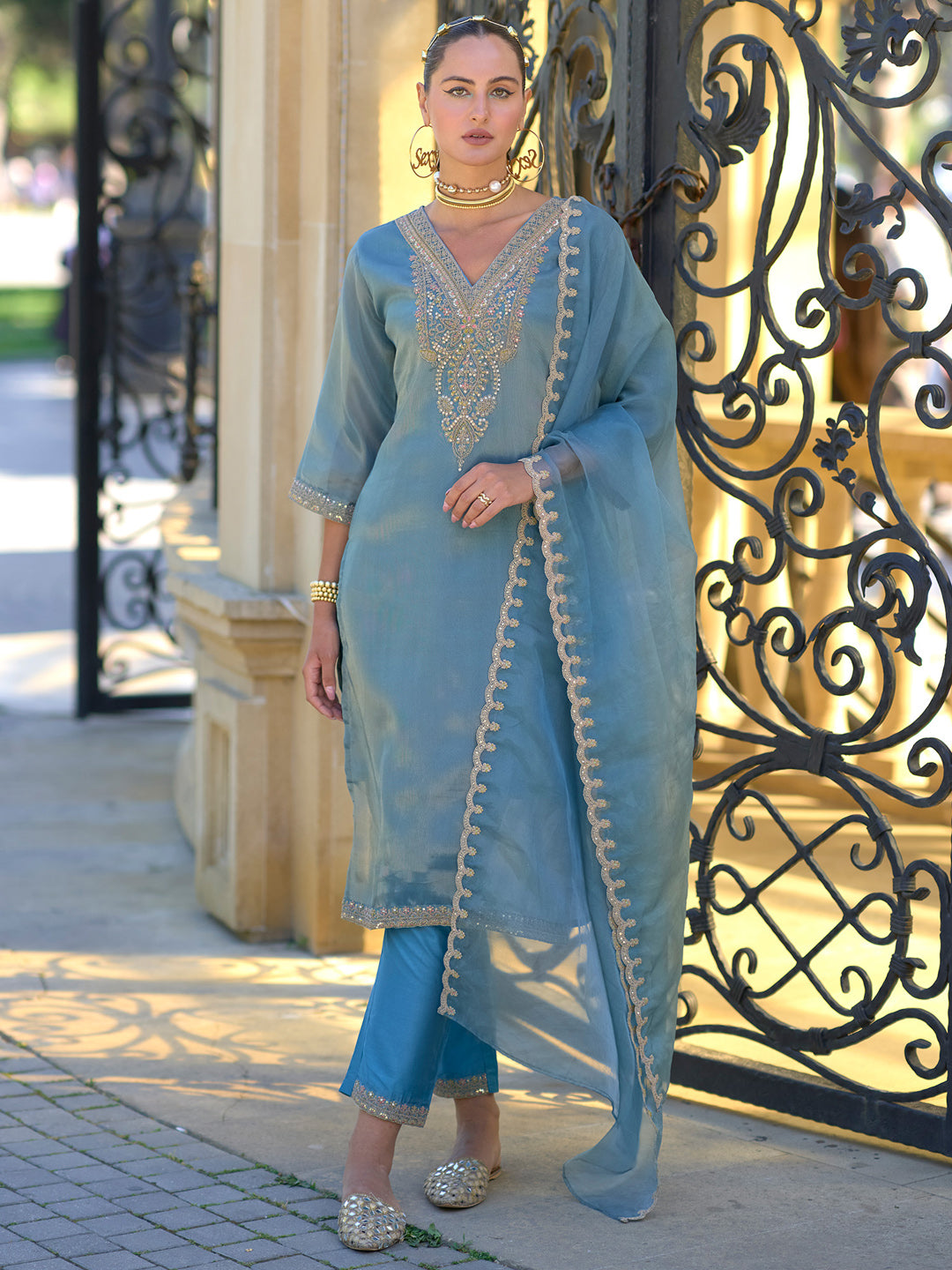 Blue Kurta Sets  For women,indo era, indoera, kurta set for women, women kurta set, women suit, summer wear for women, festive suit for women, mother's day outfit, dress for mother, mother's day special, kurta set for women, kurta for women, kurta trouser and dupatta