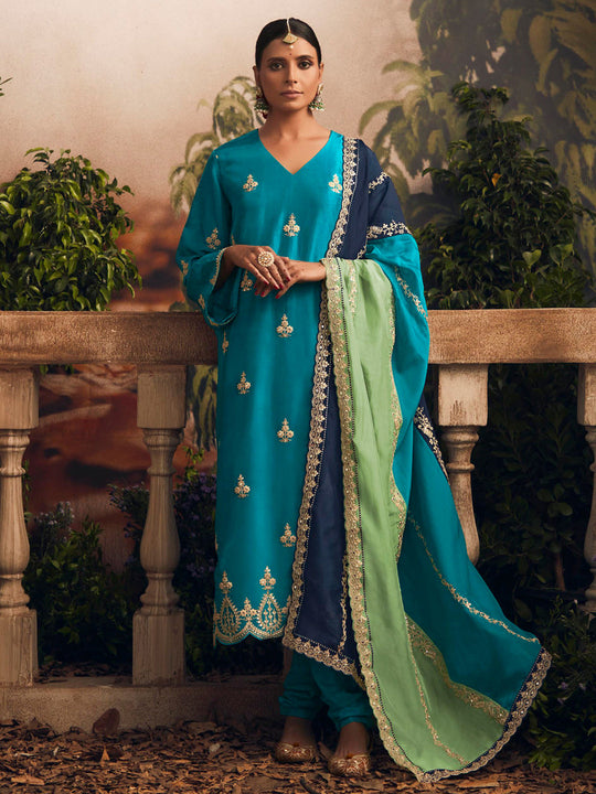 Indo Era Blue Straight Embroidered Kurta Trousers With Dupatta Set
