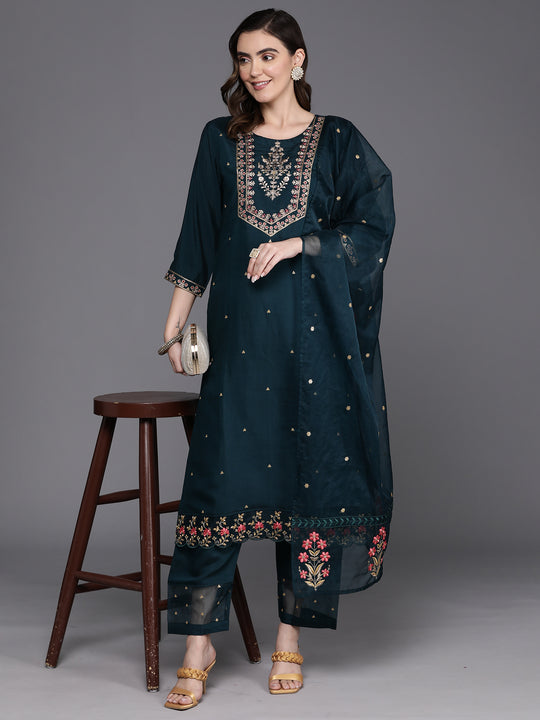 Indo Era Blue Embroidered Straight Kurta Trousers With Dupatta Set