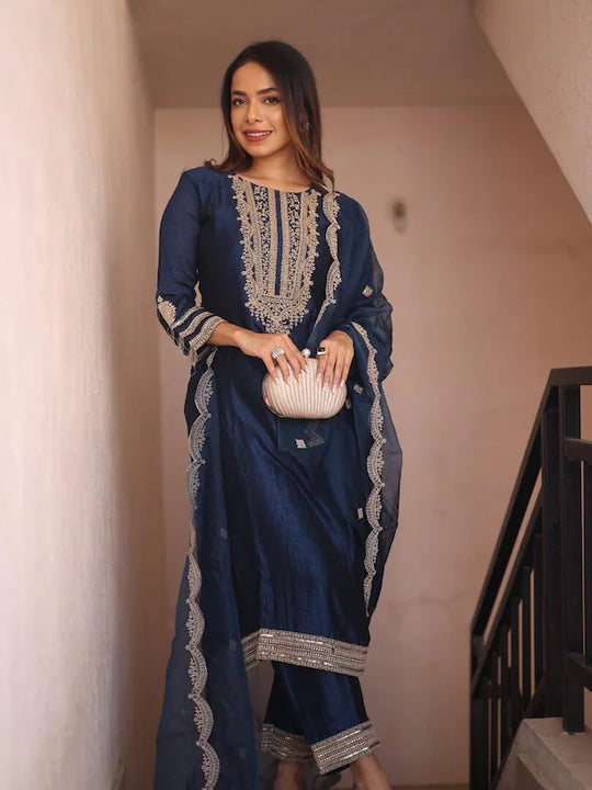 Indo Era Blue Embroidered Straight Kurta Trousers With Dupatta Set