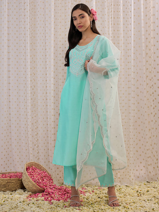 Indo Era Blue Embroidered Straight Kurta Trousers With Dupatta set