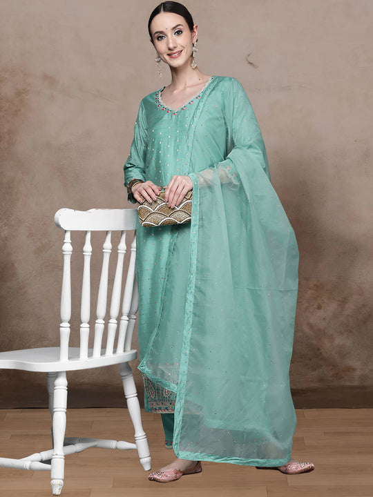 Indo Era Blue Embroidered Straight Kurta Trousers With Dupatta Set