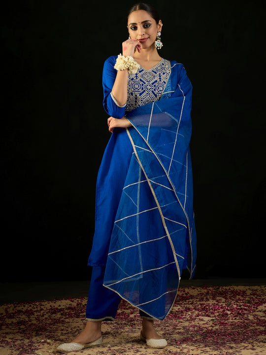 Indo Era Blue Embroidered Straight Kurta Trousers With Dupatta set