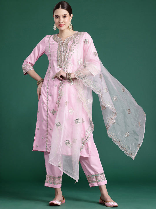 Indo Era Pink Embroidered Straight Kurta Trousers With Dupatta set