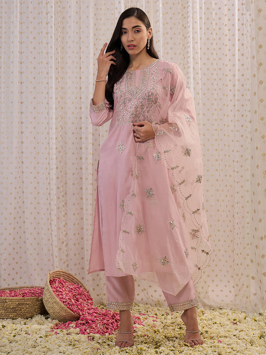 Indo Era Pink Embroidered Straight Kurta Trousers With Dupatta