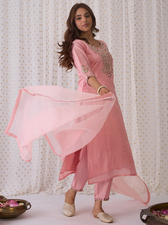 Indo Era Pink Embroidered Straight Kurta Trousers With Dupatta Set