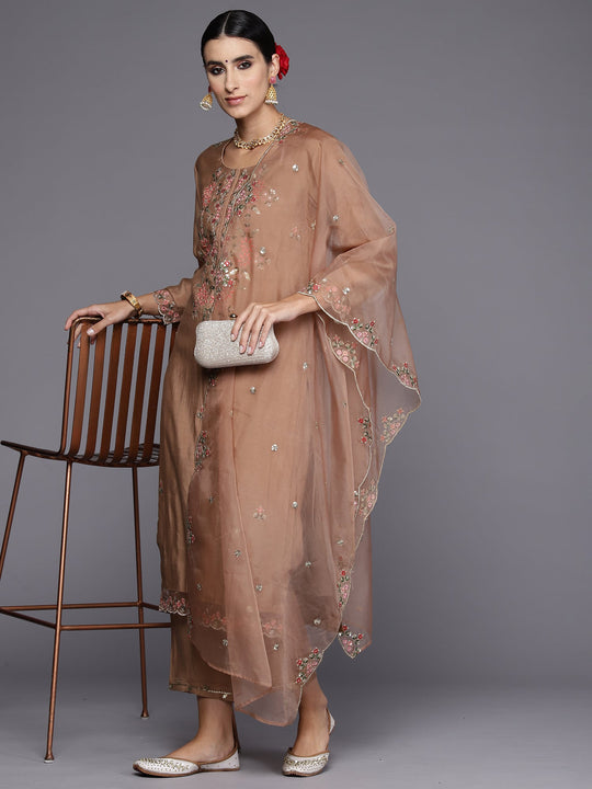 Brown Silk Blend Straight Kurta Pant With Dupatta Set