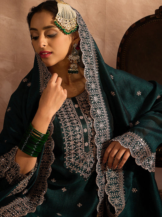 Indo Era Green Embroidered Straight Kurta Trousers With Dupatta set