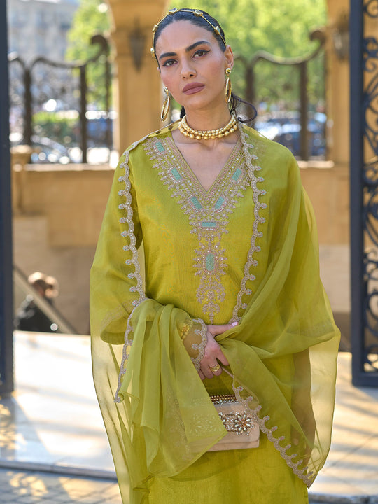 Indo Era Green Embroidered Straight Kurta Trousers With Dupatta set