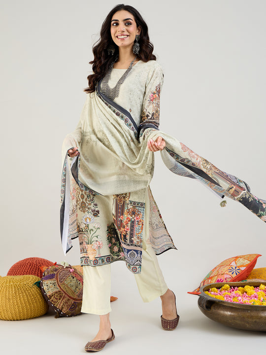 Indo Era Green Printed Straight Kurta Trousers With Dupatta set