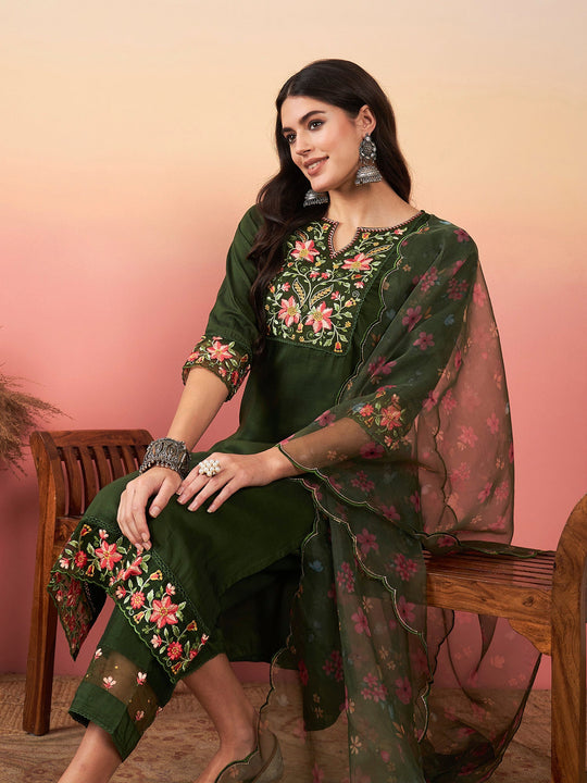 Indo Era Green Embroidered Straight Kurta Trousers With Dupatta Set